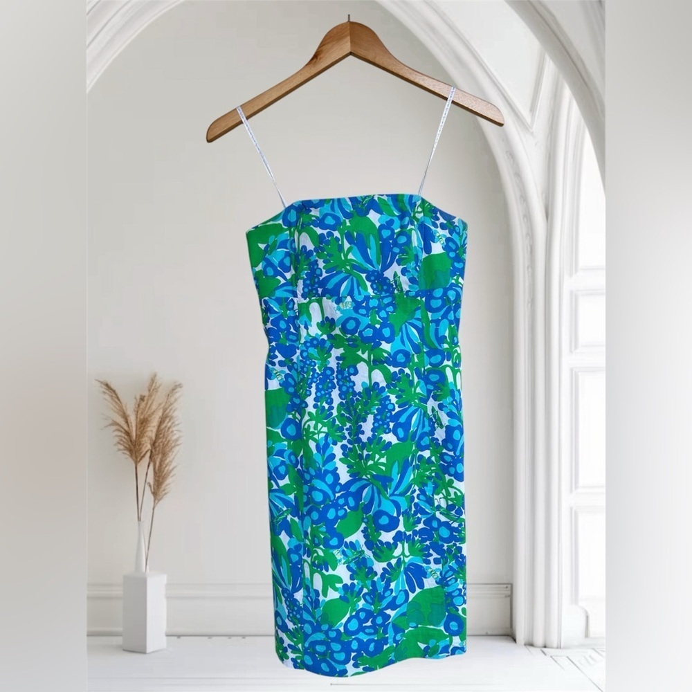 Lilly Pulitzer Floral Blue and Green strapless  Dress Sz 4 Euc, 02